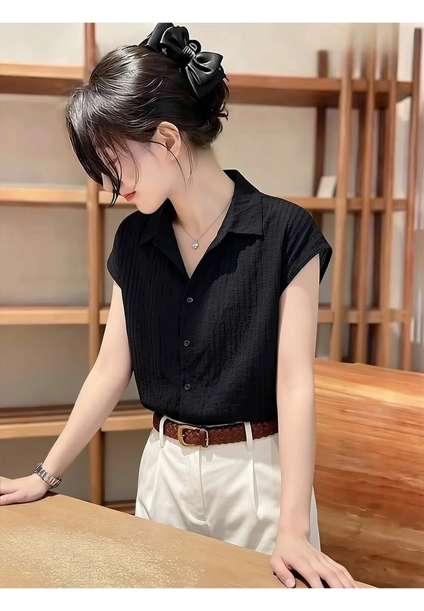 여름 새로운 외국 가스 연령 감소 검정색 POLO 칼라 셔츠 출퇴근 다용도 반팔 고급 센스 셔츠 상세 이미지 3
