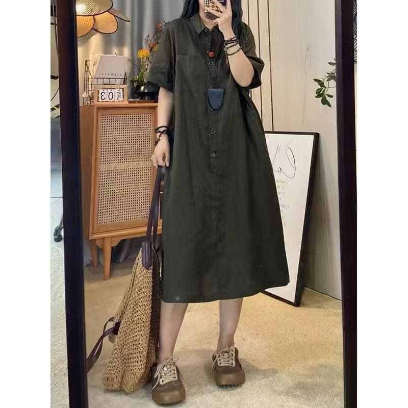 여름 새로운 프랑스식 품격 빛 요리 한 바람 폴로 칼라 반팔 여성 드레스 문예 캐주얼 루즈핏 중간 길이 스커트 이미지 2