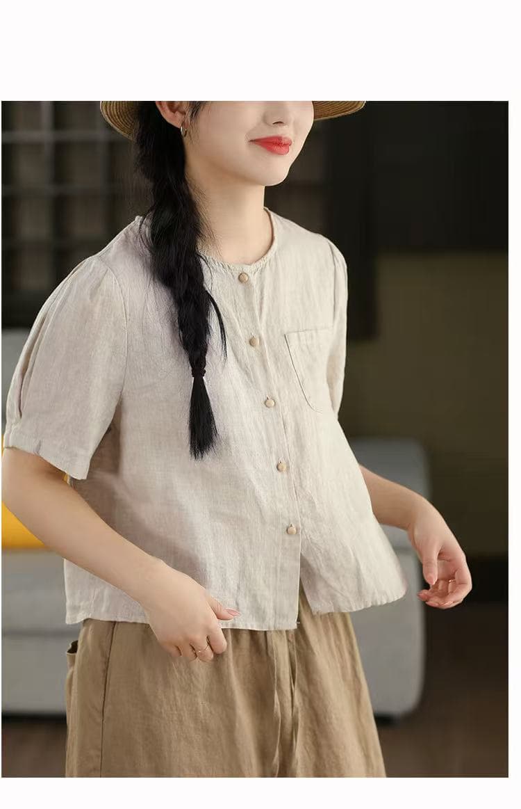 여름 드레스 새로운 면 린넨 반팔 셔츠 문예 루즈핏 다용도 라운드 넥 외국 가스 인형 작은 셔츠 맨위 상세 이미지 11