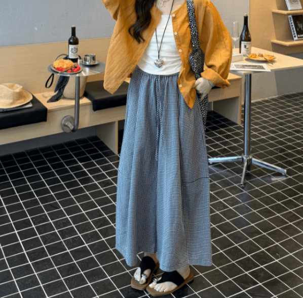 여름 드레스 새로운 한국 스타일 루즈핏 슬림해 보이는 다용도 체크무늬 와이드 레그 팬츠 스트레이트 9부 바지 캐주얼 바지 여성
