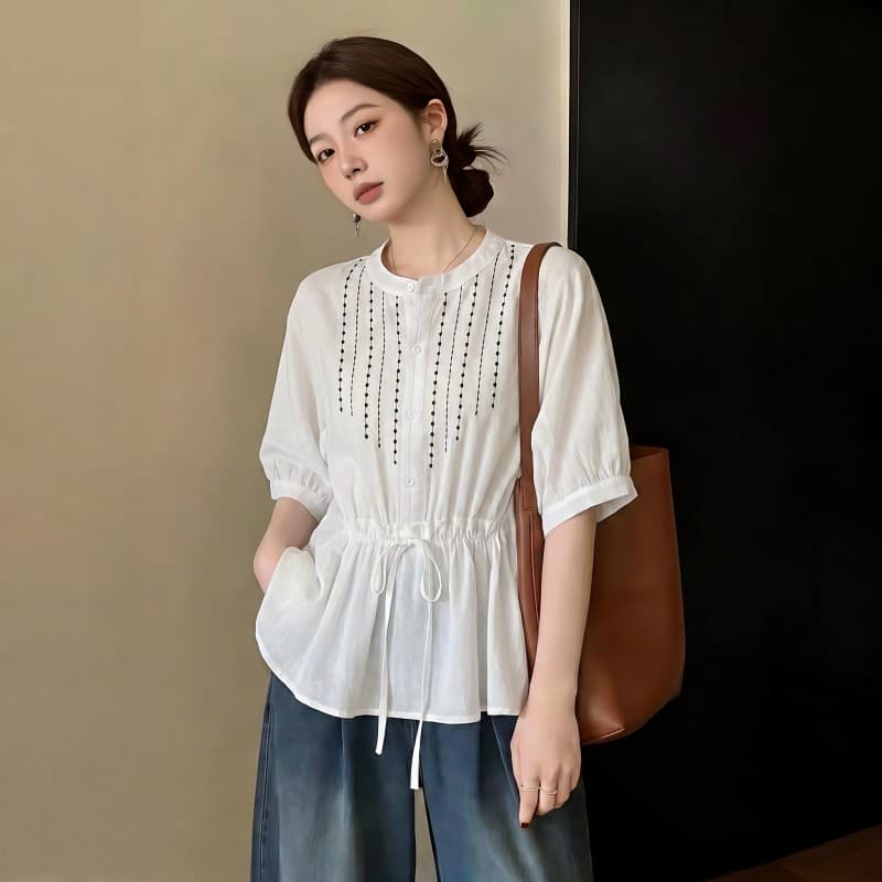 여름 드레스 새로운 얇고 가벼운 고유 한 라미 셔츠 반팔 루즈핏 슈퍼 요정 연령 감소 인형 셔츠 자수 맨위 상세 이미지 6