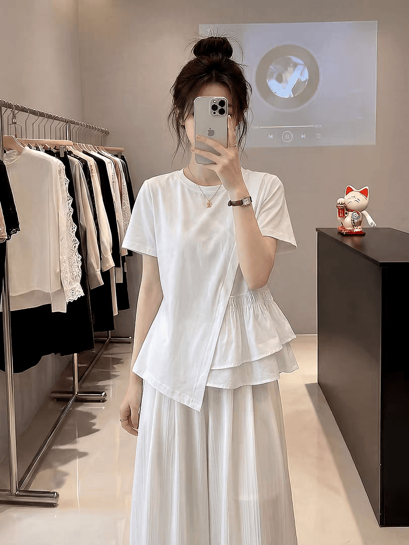 여름 드레스 새로운 빅 사이즈 여성 의류 통통한 여동생 Chic 불규칙 디자인 센스 허리 수축 반팔 셔츠 소나무 슬림해 보이는 맨위 이미지 2