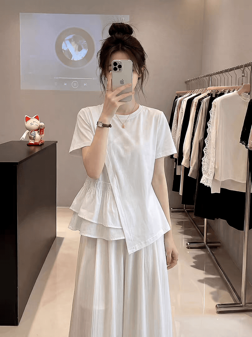 여름 드레스 새로운 빅 사이즈 여성 의류 통통한 여동생 Chic 불규칙 디자인 센스 허리 수축 반팔 셔츠 소나무 슬림해 보이는 맨위 상세 이미지 4
