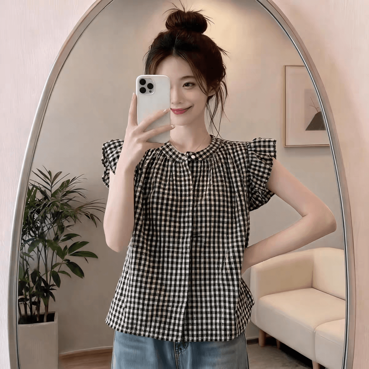 여름 달콤함 연령 감소 Feifei 소매 체크무늬 셔츠 슬림해 보이는 다용도 쉬폰 셔츠 캐주얼 미니멀리즘 맨위 여성 이미지 3