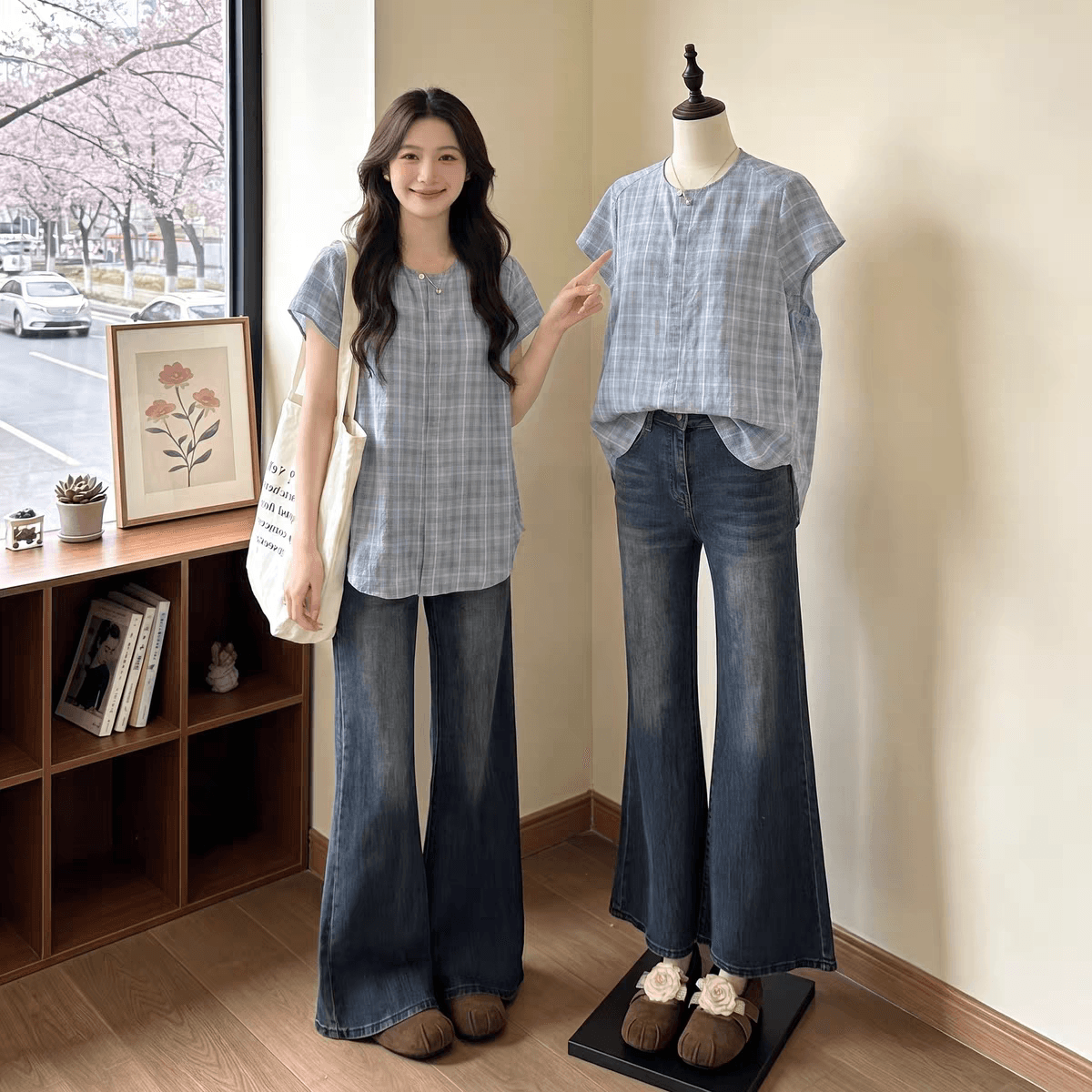 여름 드레스 느긋한 바람 느슨함 센스 고유 한 아름다운 레트로 체크무늬 캐주얼 반팔 여성 셔츠 그레이트 봐. 의류 상세 이미지 2