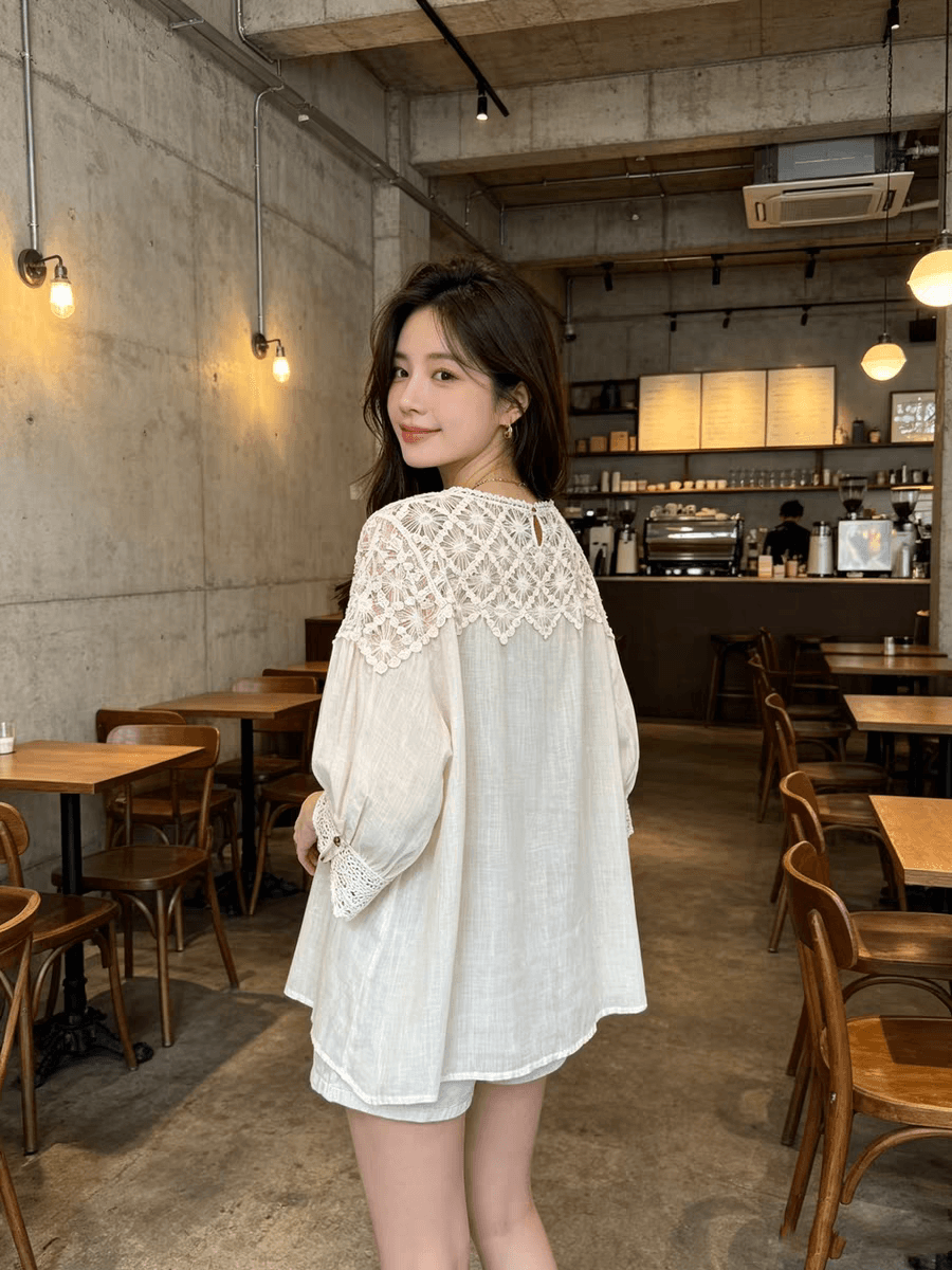새로운 여름 화이트 레이스 홀로우 아웃 패치워크 반소매 여성 셔츠 빅 사이즈 지방 mm 그레이트 봐. 의류 이미지 4