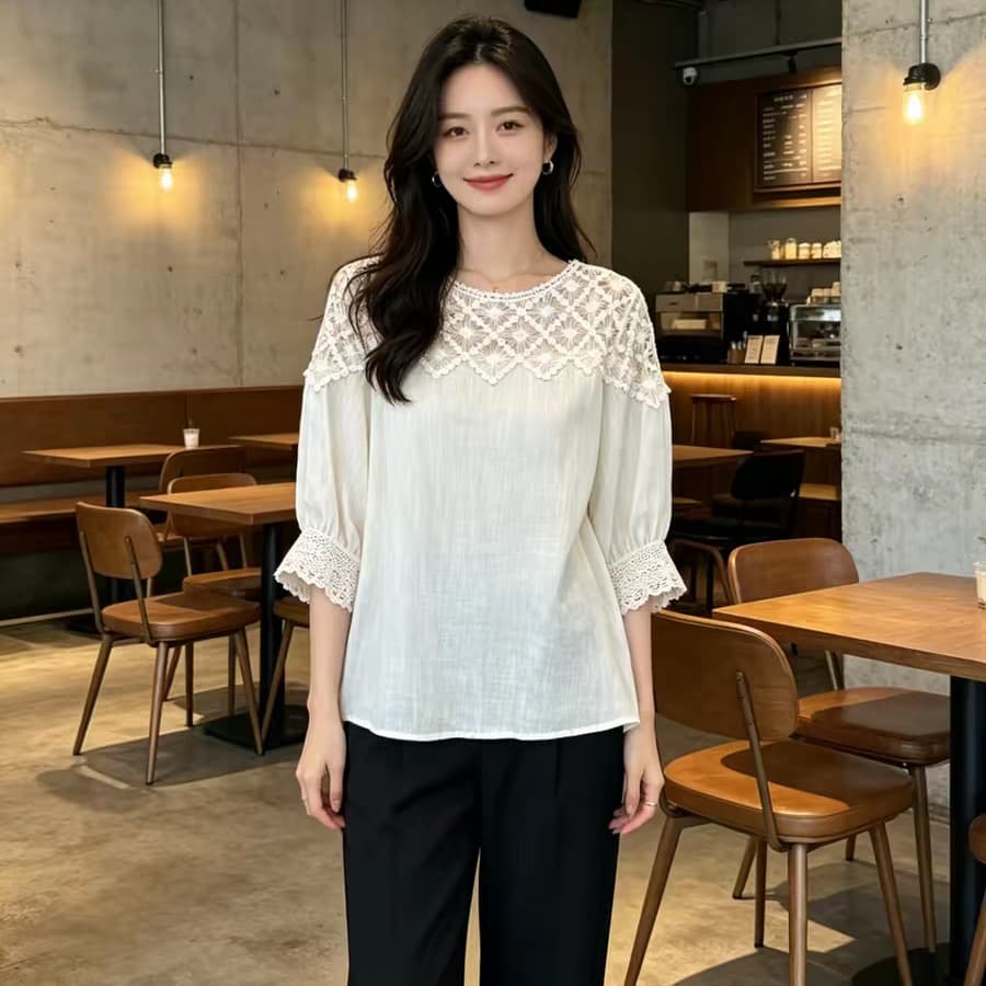 새로운 여름 화이트 레이스 홀로우 아웃 패치워크 반소매 여성 셔츠 빅 사이즈 지방 mm 그레이트 봐. 의류
