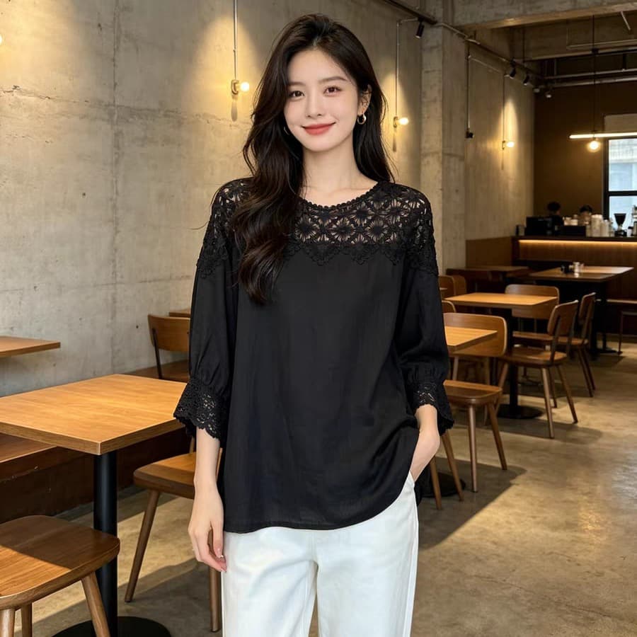 새로운 여름 화이트 레이스 홀로우 아웃 패치워크 반소매 여성 셔츠 빅 사이즈 지방 mm 그레이트 봐. 의류 이미지 5
