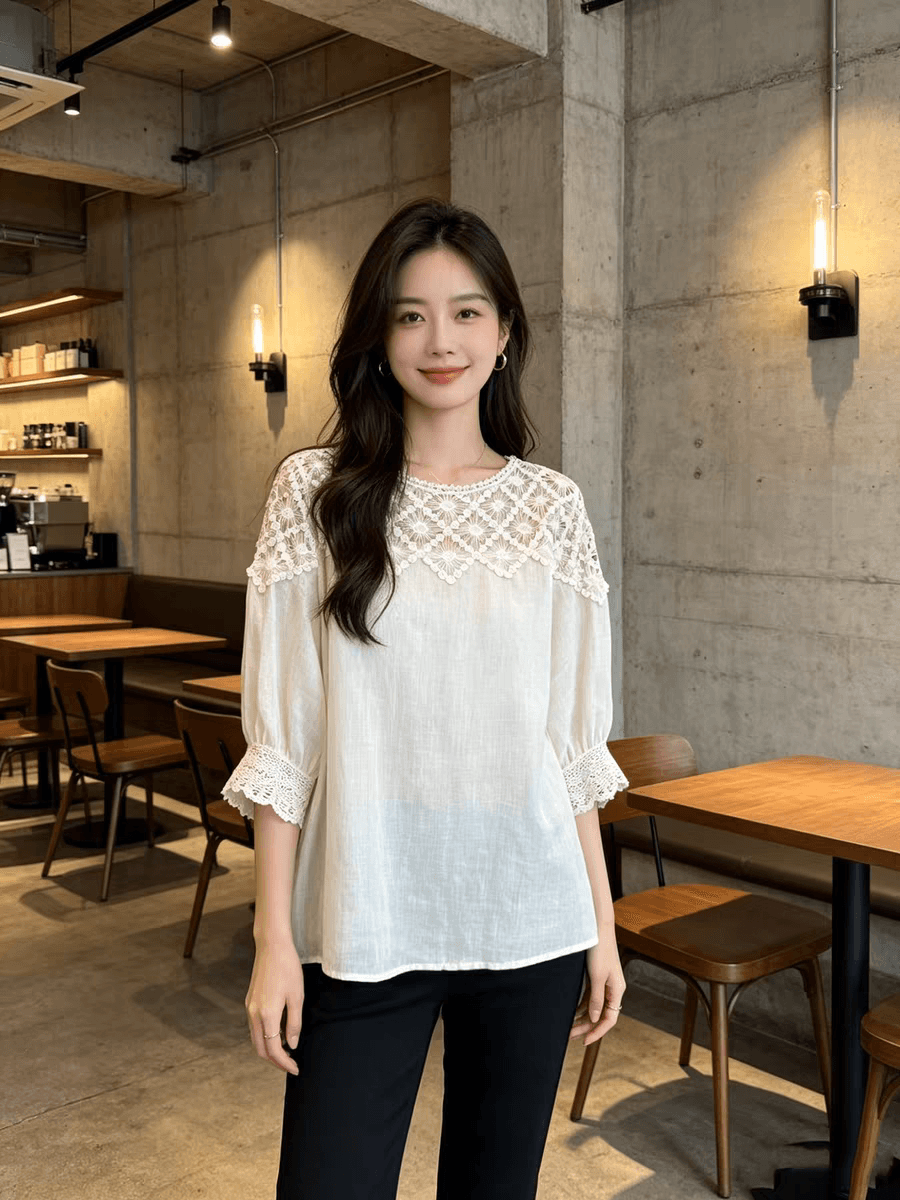 새로운 여름 화이트 레이스 홀로우 아웃 패치워크 반소매 여성 셔츠 빅 사이즈 지방 mm 그레이트 봐. 의류 상세 이미지 6