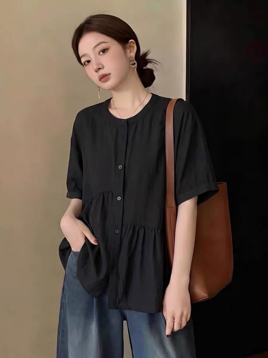 여름 드레스 새로운 주름 싱글 줄 버튼 여성 셔츠 빅 사이즈 통통한 여동생 한국 스타일 루즈핏 품격 슬림해 보이는 맨위 이미지 2