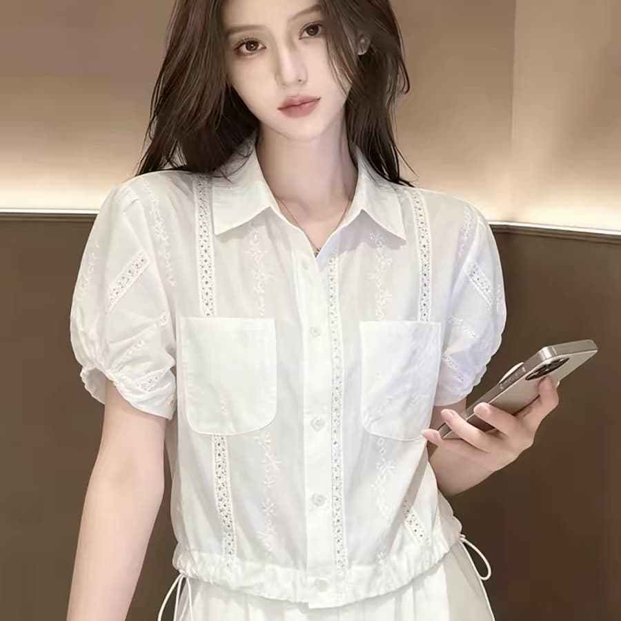거품 소매 긍정적 인 어깨 반팔 여성 셔츠 여름 새로운 빅 사이즈 지방 mm 연령 감소 작은 셔츠 밑단 펌프 로프 맨위 이미지 5