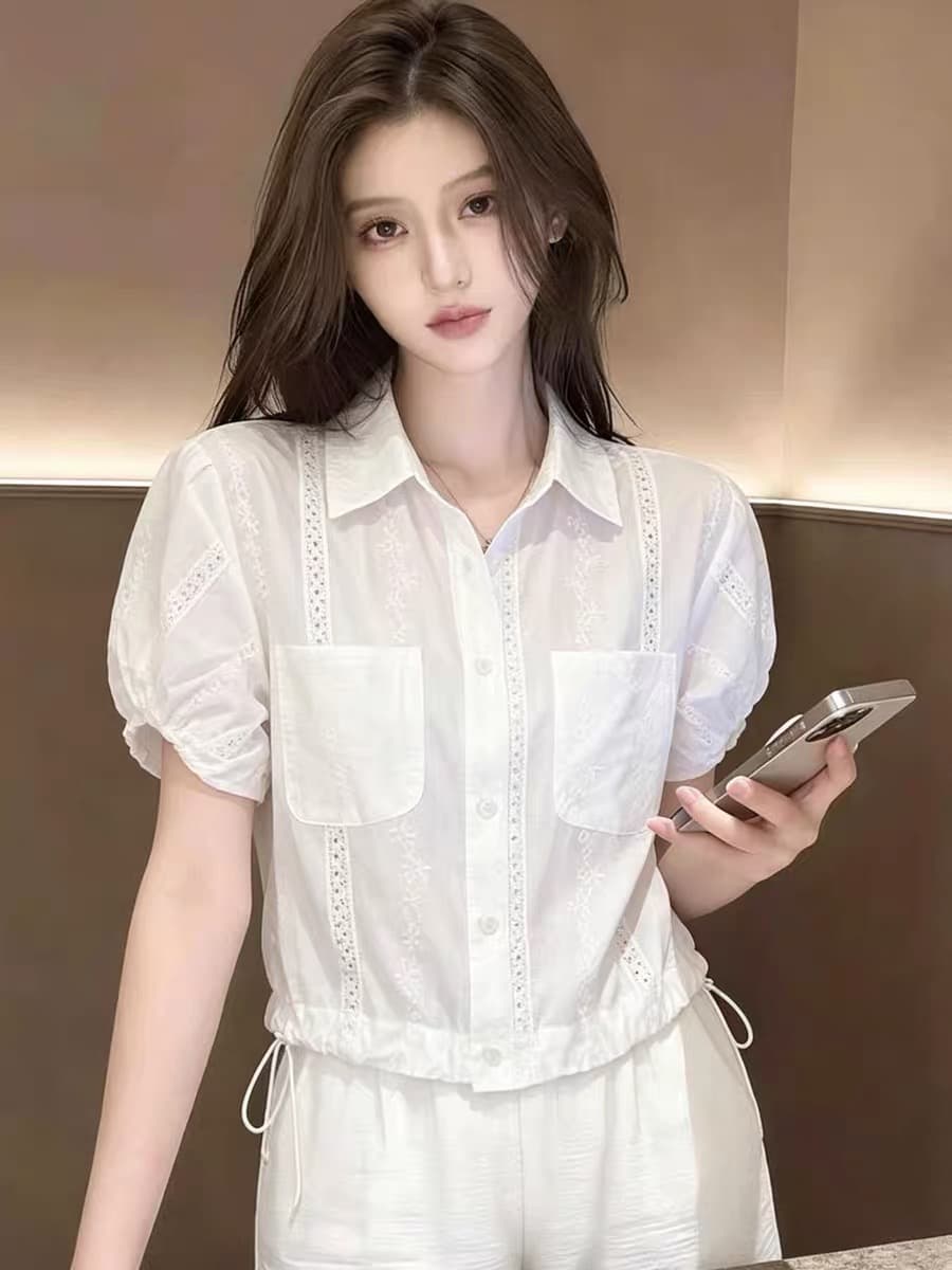 거품 소매 긍정적 인 어깨 반팔 여성 셔츠 여름 새로운 빅 사이즈 지방 mm 연령 감소 작은 셔츠 밑단 펌프 로프 맨위 이미지 3