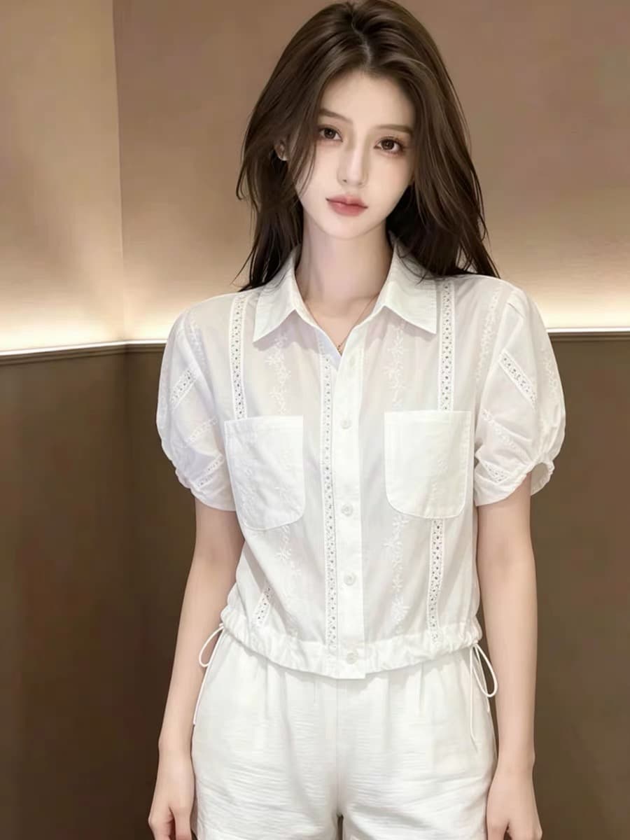 거품 소매 긍정적 인 어깨 반팔 여성 셔츠 여름 새로운 빅 사이즈 지방 mm 연령 감소 작은 셔츠 밑단 펌프 로프 맨위 이미지 4