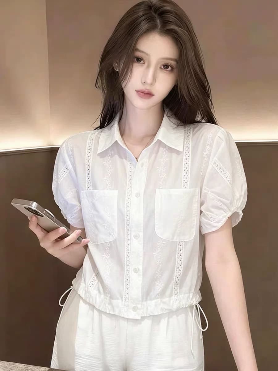 거품 소매 긍정적 인 어깨 반팔 여성 셔츠 여름 새로운 빅 사이즈 지방 mm 연령 감소 작은 셔츠 밑단 펌프 로프 맨위 상세 이미지 5