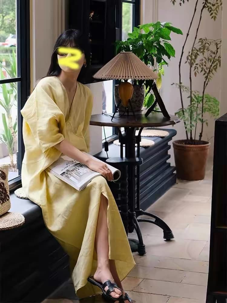 여름 드레스 새로운 빅 사이즈 면 린넨 롱 스커트 V넥 품격 드레스 아이들 여름 섹션 유럽 만약 바람 착용 가져 가라. 26 새로운 상세 이미지 3