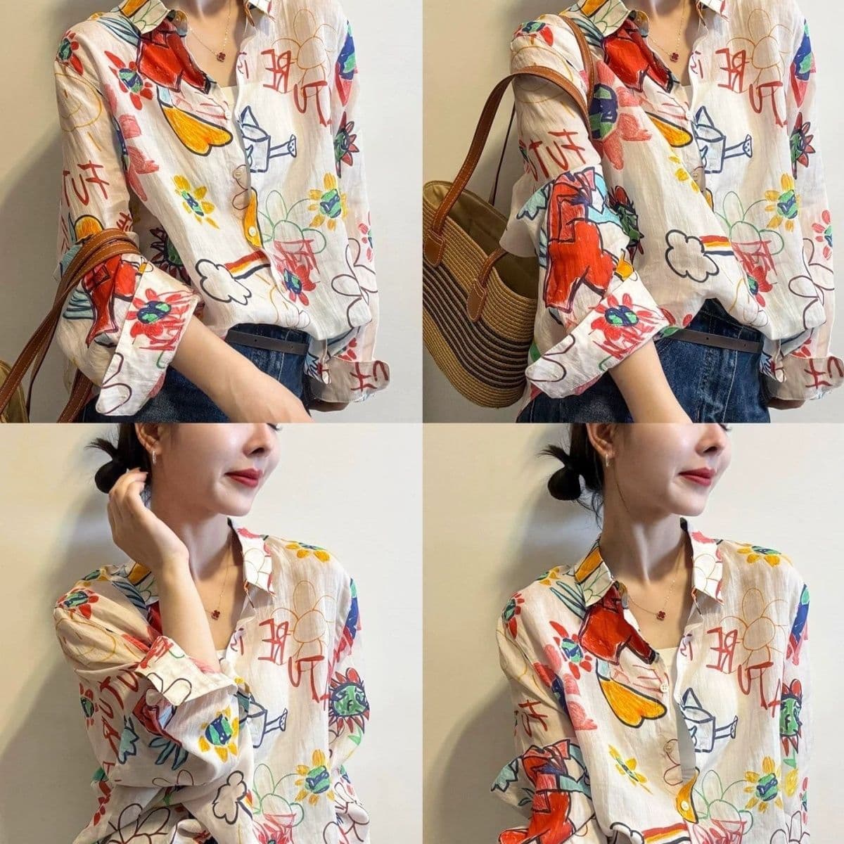 여름 문예 센 부서 라미 프린트 폴로 칼라 통기성 긴팔 여성 셔츠 새로운 루즈핏 부서 버클 자외선 차단 맨위 이미지 4
