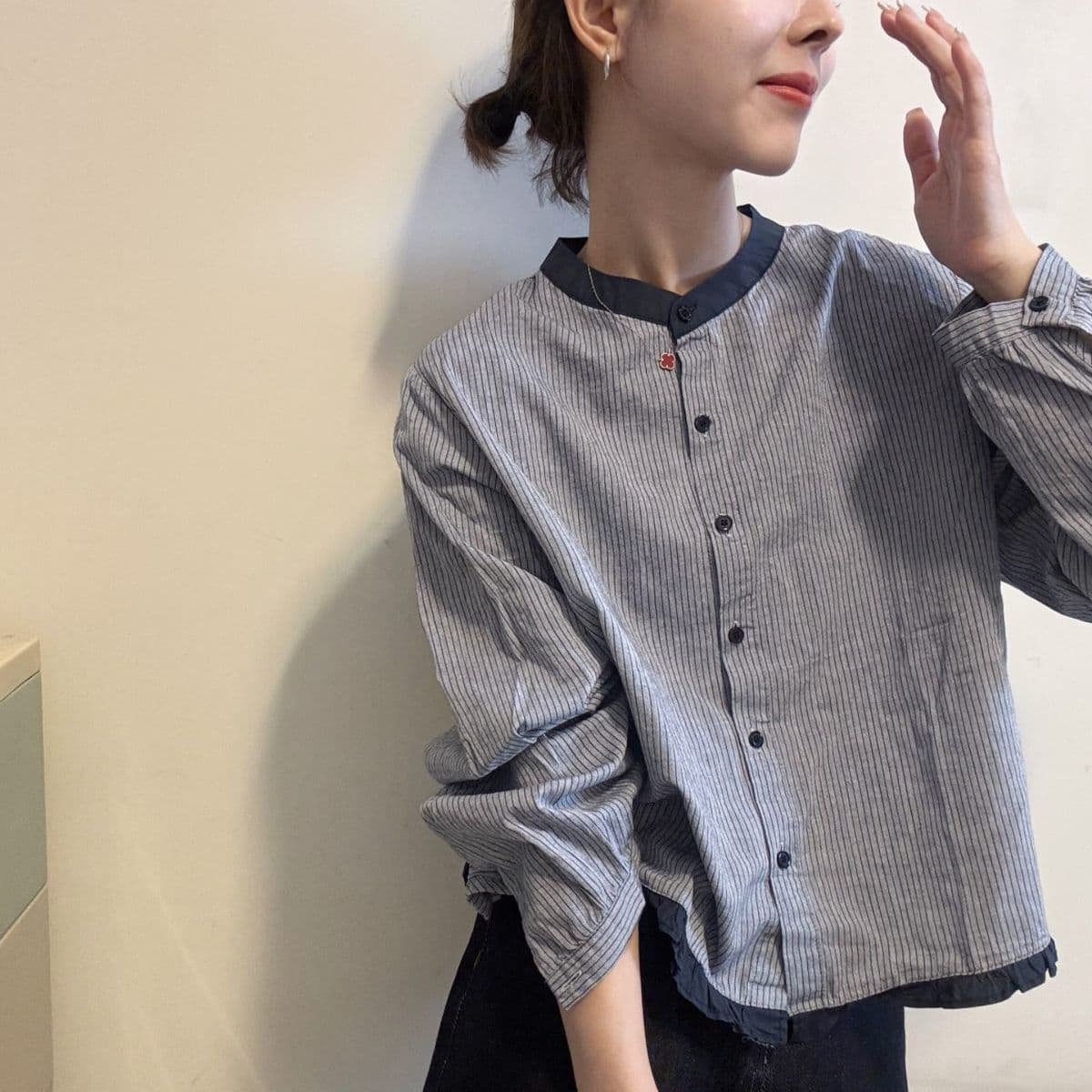 여름 문예 센 부서 라미 프린트 폴로 칼라 통기성 긴팔 여성 셔츠 새로운 루즈핏 부서 버클 자외선 차단 맨위 상세 이미지 3