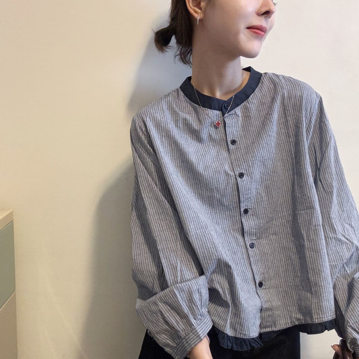 여름 문예 센 부서 라미 프린트 폴로 칼라 통기성 긴팔 여성 셔츠 새로운 루즈핏 부서 버클 자외선 차단 맨위 상세 이미지 5
