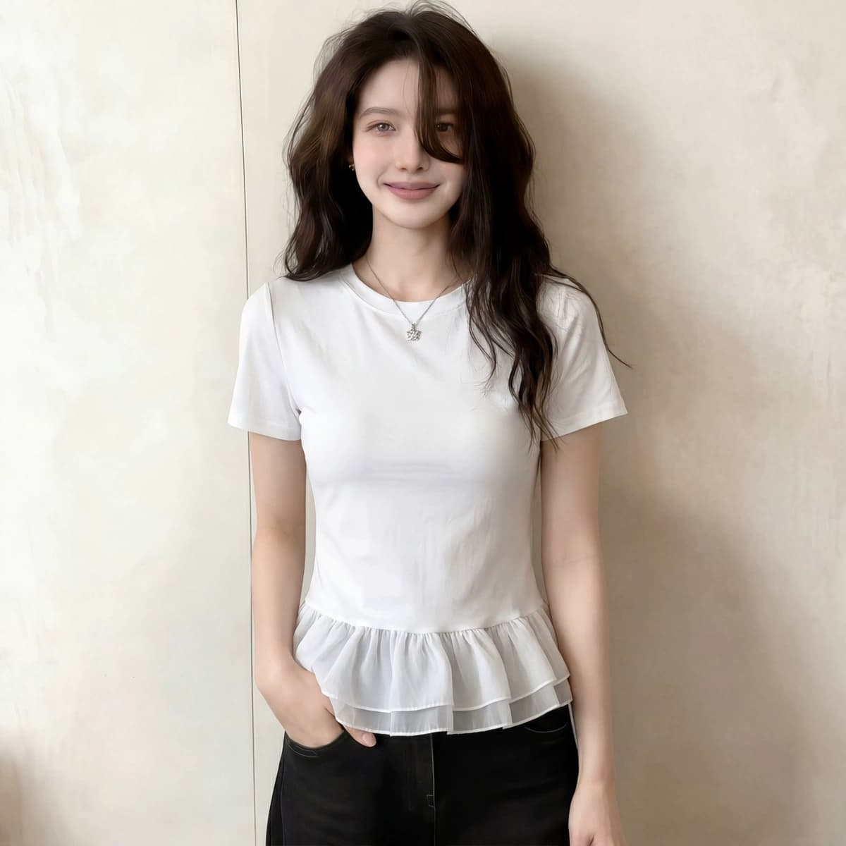 여름 드레스 새로운 빅 사이즈 순면 작은 대중 퍼프 레이스 패치워크 반팔 티셔츠 몸매 가꾸기 맨위 이미지 5