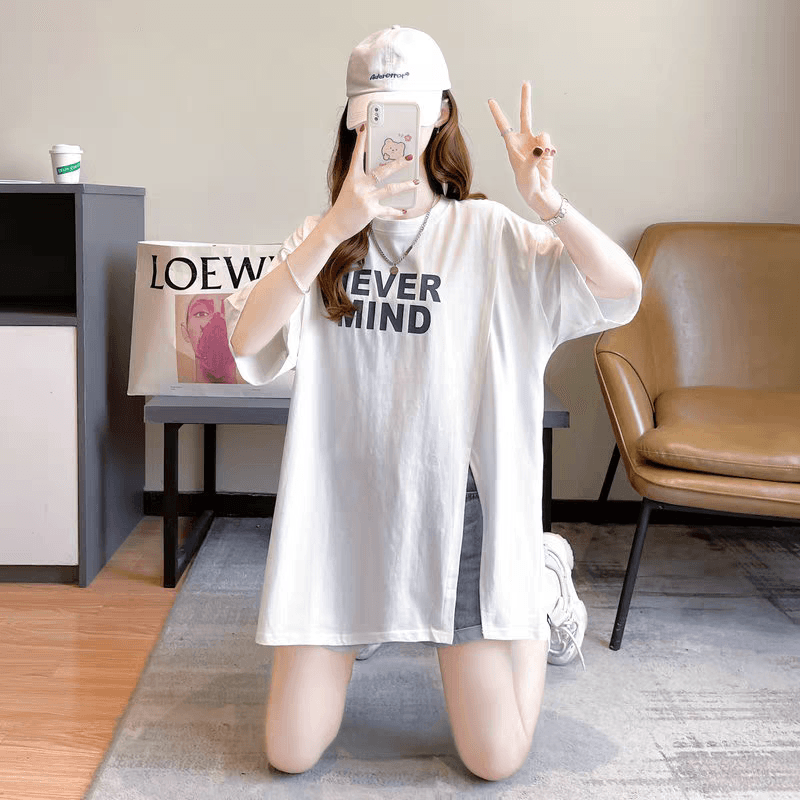 새로운 빅 사이즈 여성 의류 트임 반팔 티셔츠 디자인 센스 작은 불규칙 루즈핏 프린트 맨위 이미지 2
