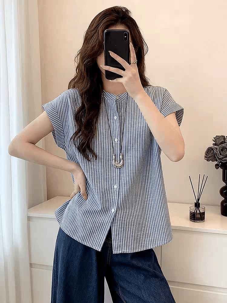 여름 드레스 새로운 프랑스식 스트라이프 라운드 넥 부드러운 바람 반팔 여성 셔츠 루즈핏 고급 센스 품격 맨위 이미지 2