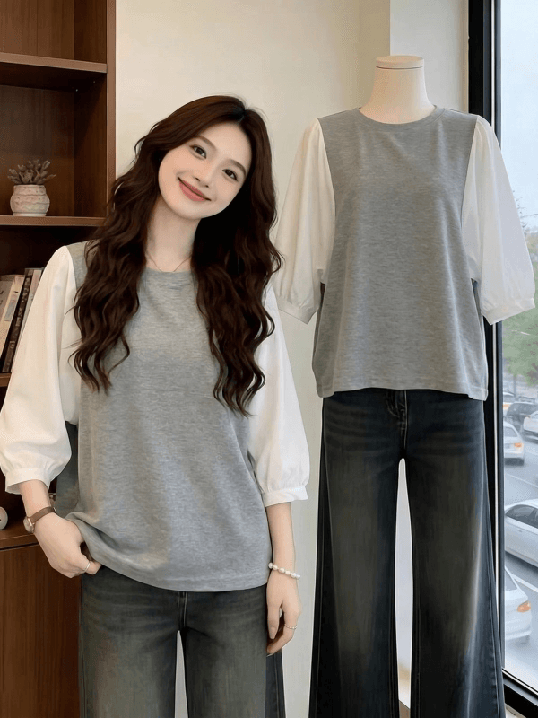 여름 드레스 국경 간 일본과 한국 부서 티셔츠 셔츠 패치워크 색상 Chic 라운드 넥 루즈핏 레트로 디자인 센스 반팔 면 맨위 상세 이미지 3