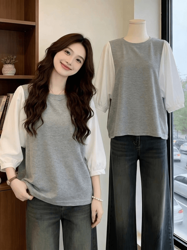 여름 드레스 국경 간 일본과 한국 부서 티셔츠 셔츠 패치워크 색상 Chic 라운드 넥 루즈핏 레트로 디자인 센스 반팔 면 맨위 상세 이미지 5