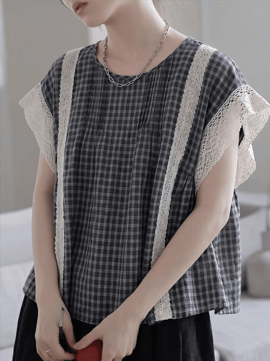 여름 새로운 여성 의류 레이스 조각 격자 무늬 셔츠 고급 센스 착용 잡아라. 의류 이미지 3