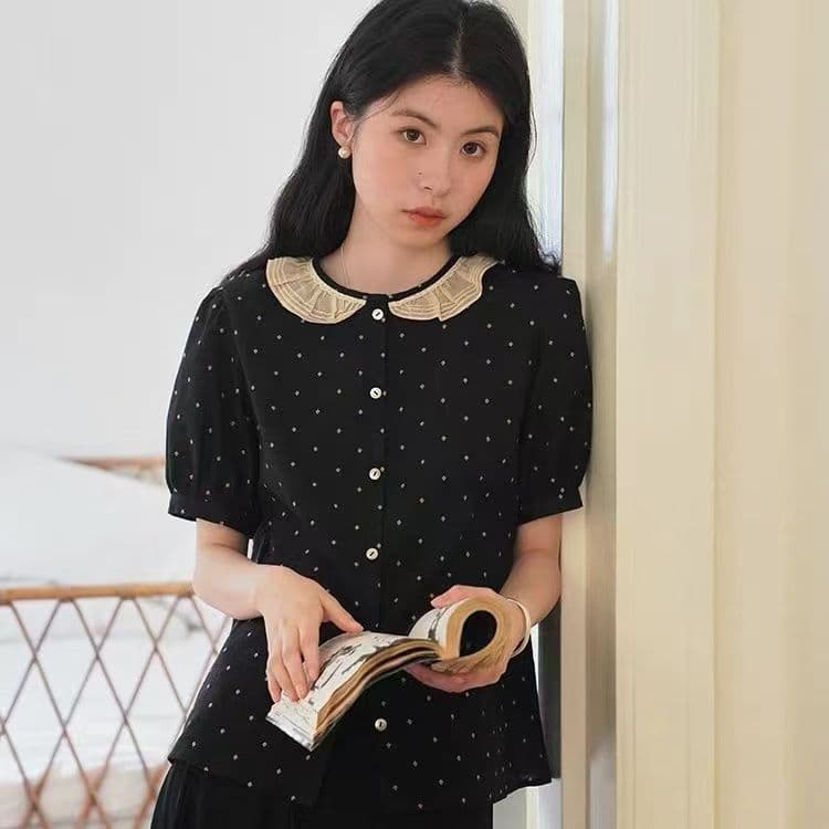 여름 드레스 새로운 레트로 문예 도트 무늬 레이스 칼라 마이크로 거품 소매 배색 반팔 여성 셔츠 이미지 4