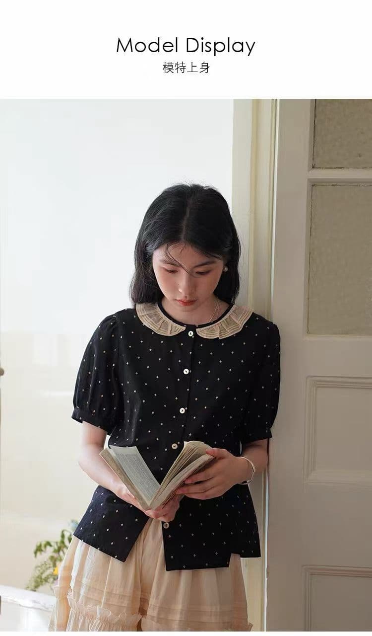 여름 드레스 새로운 레트로 문예 도트 무늬 레이스 칼라 마이크로 거품 소매 배색 반팔 여성 셔츠 상세 이미지 2