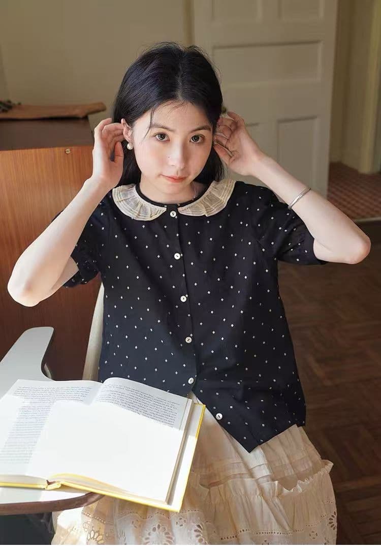여름 드레스 새로운 레트로 문예 도트 무늬 레이스 칼라 마이크로 거품 소매 배색 반팔 여성 셔츠 상세 이미지 6