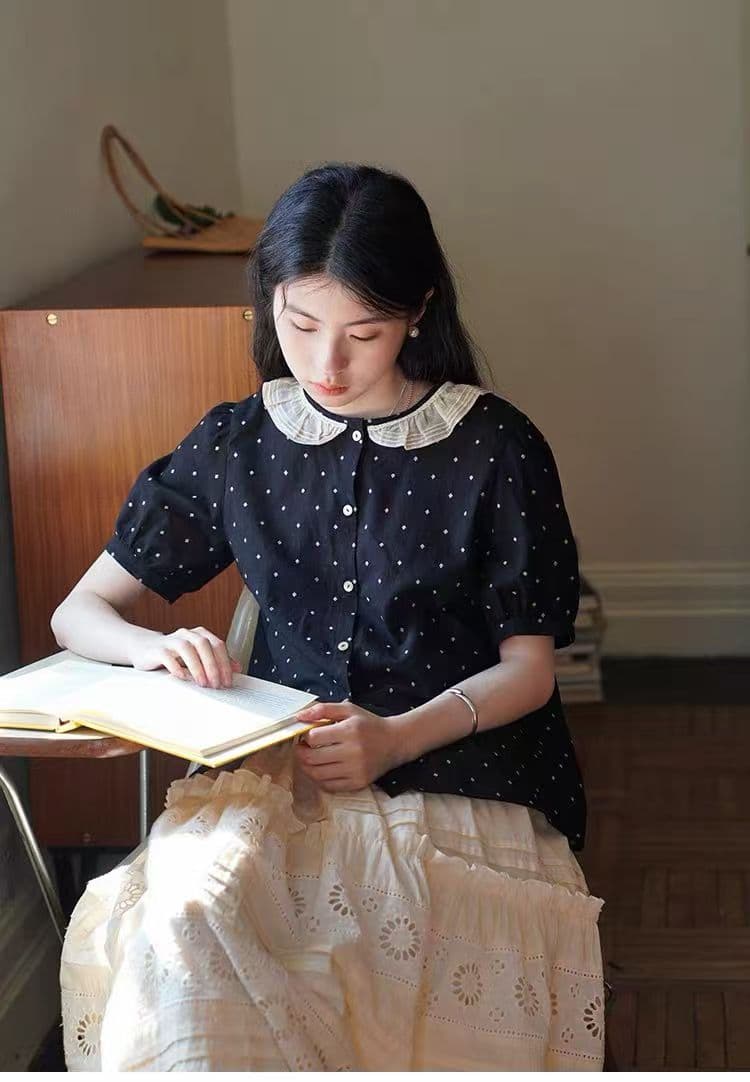 여름 드레스 새로운 레트로 문예 도트 무늬 레이스 칼라 마이크로 거품 소매 배색 반팔 여성 셔츠 상세 이미지 10