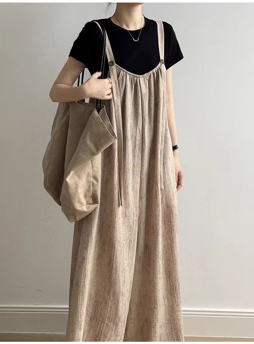 여름 면 린넨 일본식 느긋한 멜빵 바지 여성 여름 새로운 도루 센스 루즈핏 캐주얼 넓은 다리 올인원 롱 바지 상세 이미지 9