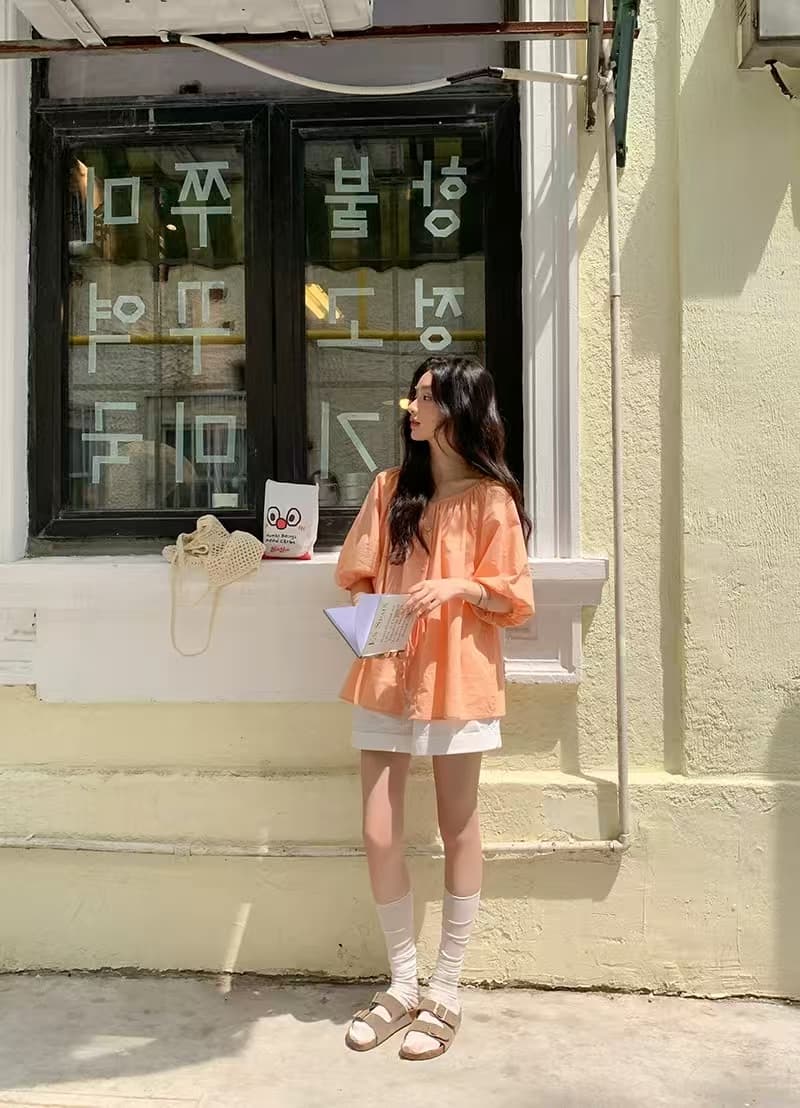 여름 새로운 다용도 주황색 얇고 가벼운 반팔 셔츠 고유 한 아름다운 작은 셔츠 프랑스식 느긋한 느슨함 센스 맨위 상세 이미지 10