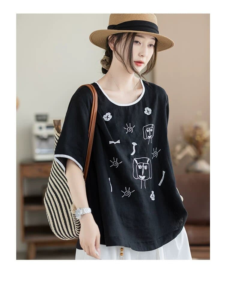 여름 드레스 새로운 면 린넨 만화 자수 반팔 루즈핏 슬림해 보이는 연령 감소 작은 대중 풀오버 맨위 티셔츠 상세 이미지 11