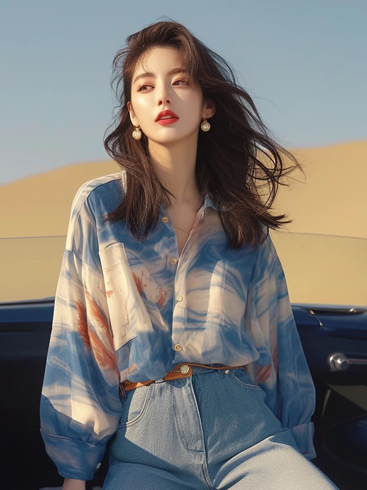 여름 드레스 새로운 프랑스식 고급 센스 도파민 블루 색 후광 염색 긴팔 셔츠 작은 청신 달콤함 디스플레이 화이트 맨위 상세 이미지 2
