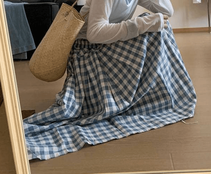 여름 새로운 면 린넨 파란색 하이웨이스트 체크무늬 반신 스커트 한국 스타일 레트로 다용도 디스플레이 캐주얼 치마 상세 이미지 4