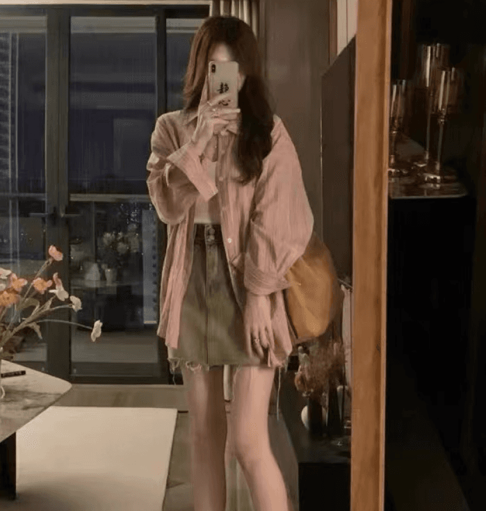 가을 의상 새로운 빅 사이즈 여성 의류 chic 핑크색 스트라이프 셔츠 느긋한 바람 자외선 차단 셔츠 이미지 4