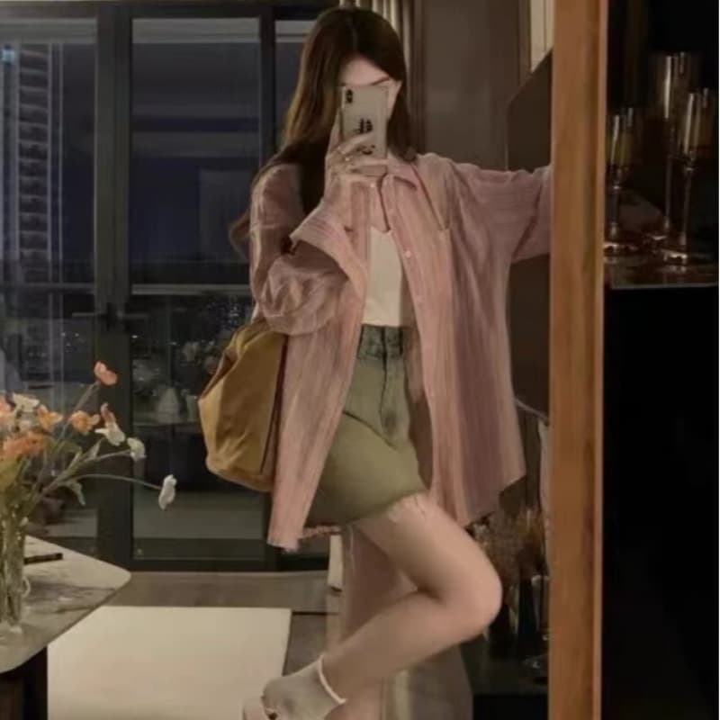 가을 의상 새로운 빅 사이즈 여성 의류 chic 핑크색 스트라이프 셔츠 느긋한 바람 자외선 차단 셔츠 이미지 5