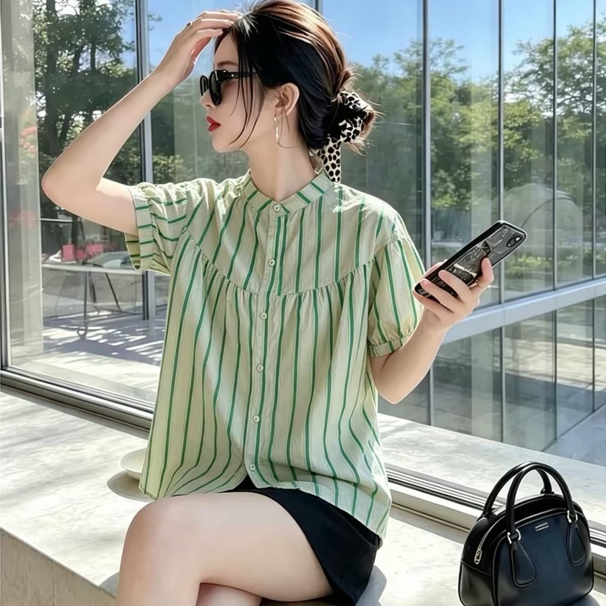 여름 드레스 새로운 스트라이프 셔츠 한국 스타일 출퇴근 스탠드 칼라 벌룬 소매 사탕 색상 반팔 인형 셔츠