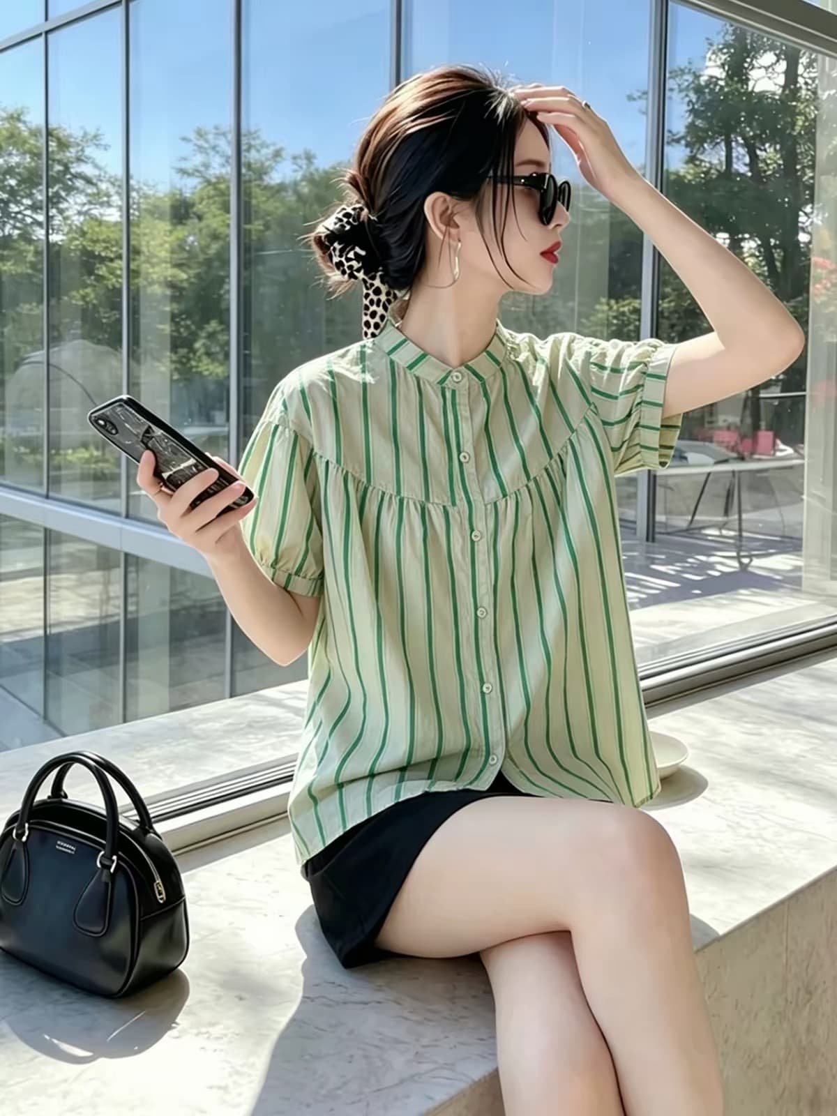여름 드레스 새로운 스트라이프 셔츠 한국 스타일 출퇴근 스탠드 칼라 벌룬 소매 사탕 색상 반팔 인형 셔츠 이미지 4