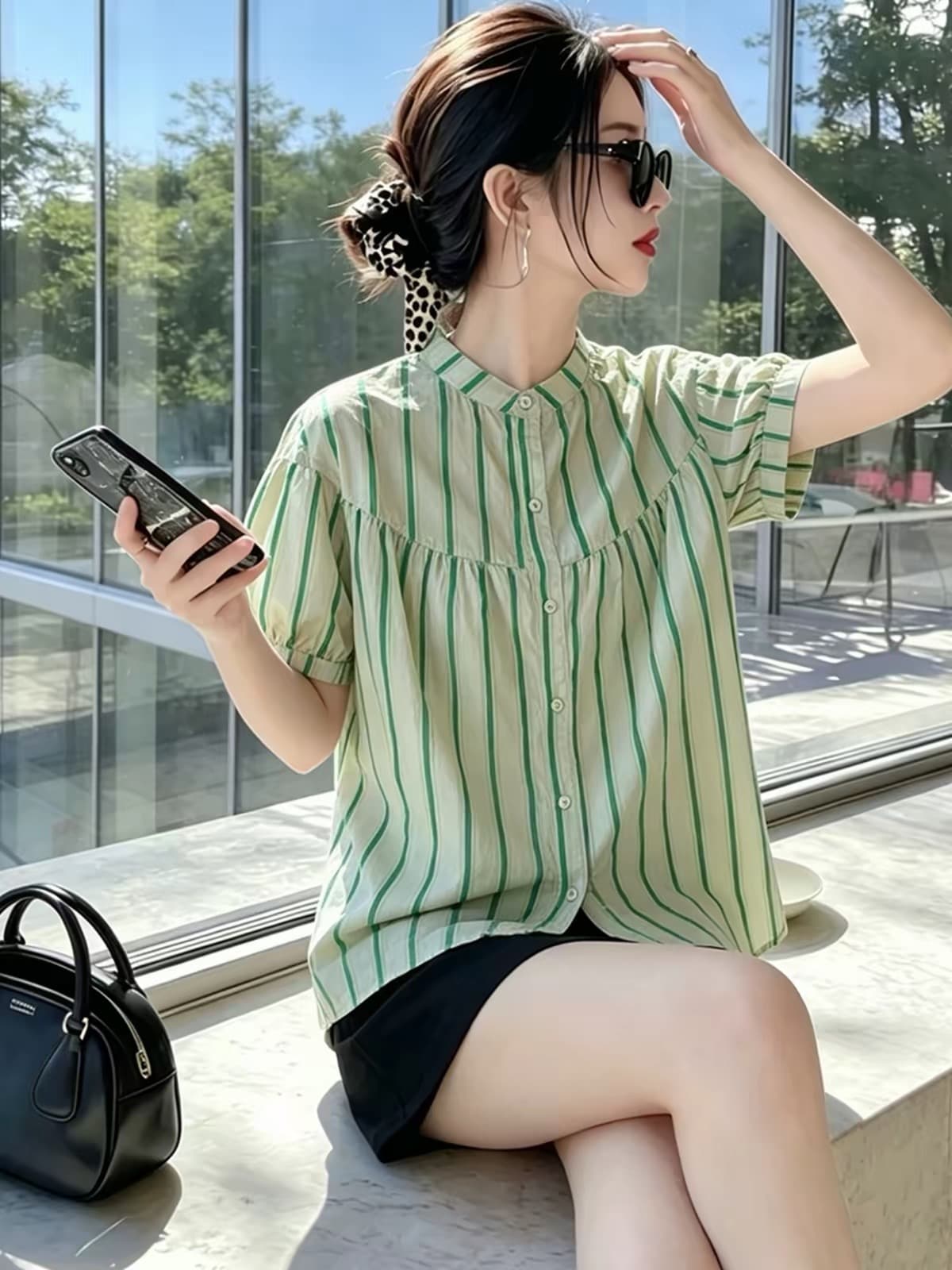 여름 드레스 새로운 스트라이프 셔츠 한국 스타일 출퇴근 스탠드 칼라 벌룬 소매 사탕 색상 반팔 인형 셔츠 이미지 3