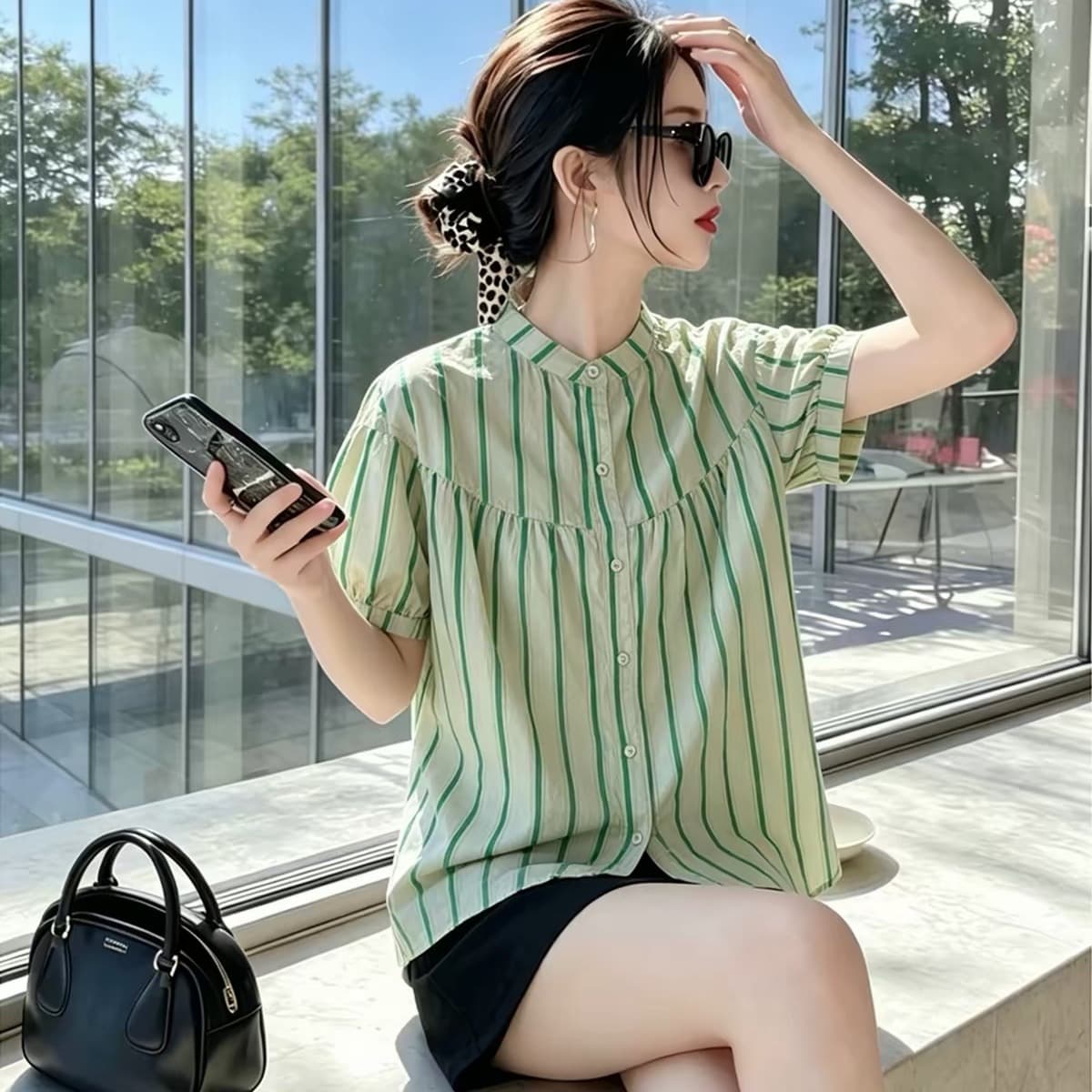 여름 드레스 새로운 스트라이프 셔츠 한국 스타일 출퇴근 스탠드 칼라 벌룬 소매 사탕 색상 반팔 인형 셔츠 이미지 5