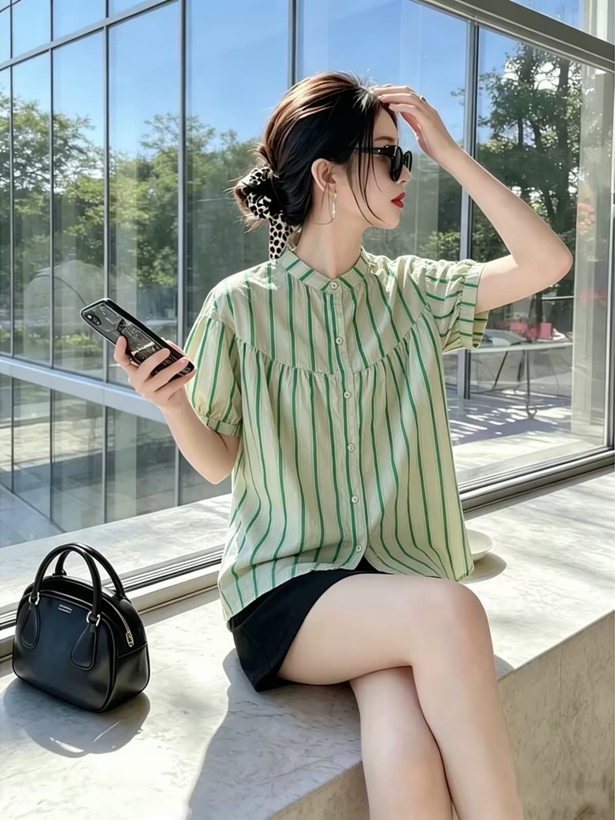 여름 드레스 새로운 스트라이프 셔츠 한국 스타일 출퇴근 스탠드 칼라 벌룬 소매 사탕 색상 반팔 인형 셔츠 상세 이미지 2