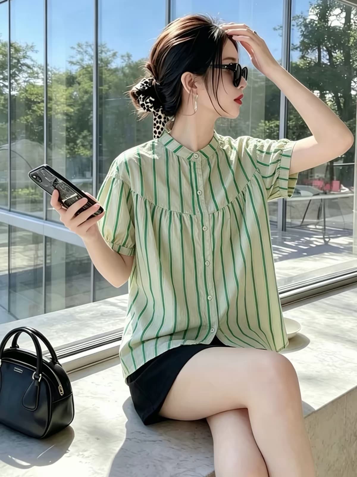 여름 드레스 새로운 스트라이프 셔츠 한국 스타일 출퇴근 스탠드 칼라 벌룬 소매 사탕 색상 반팔 인형 셔츠 상세 이미지 4
