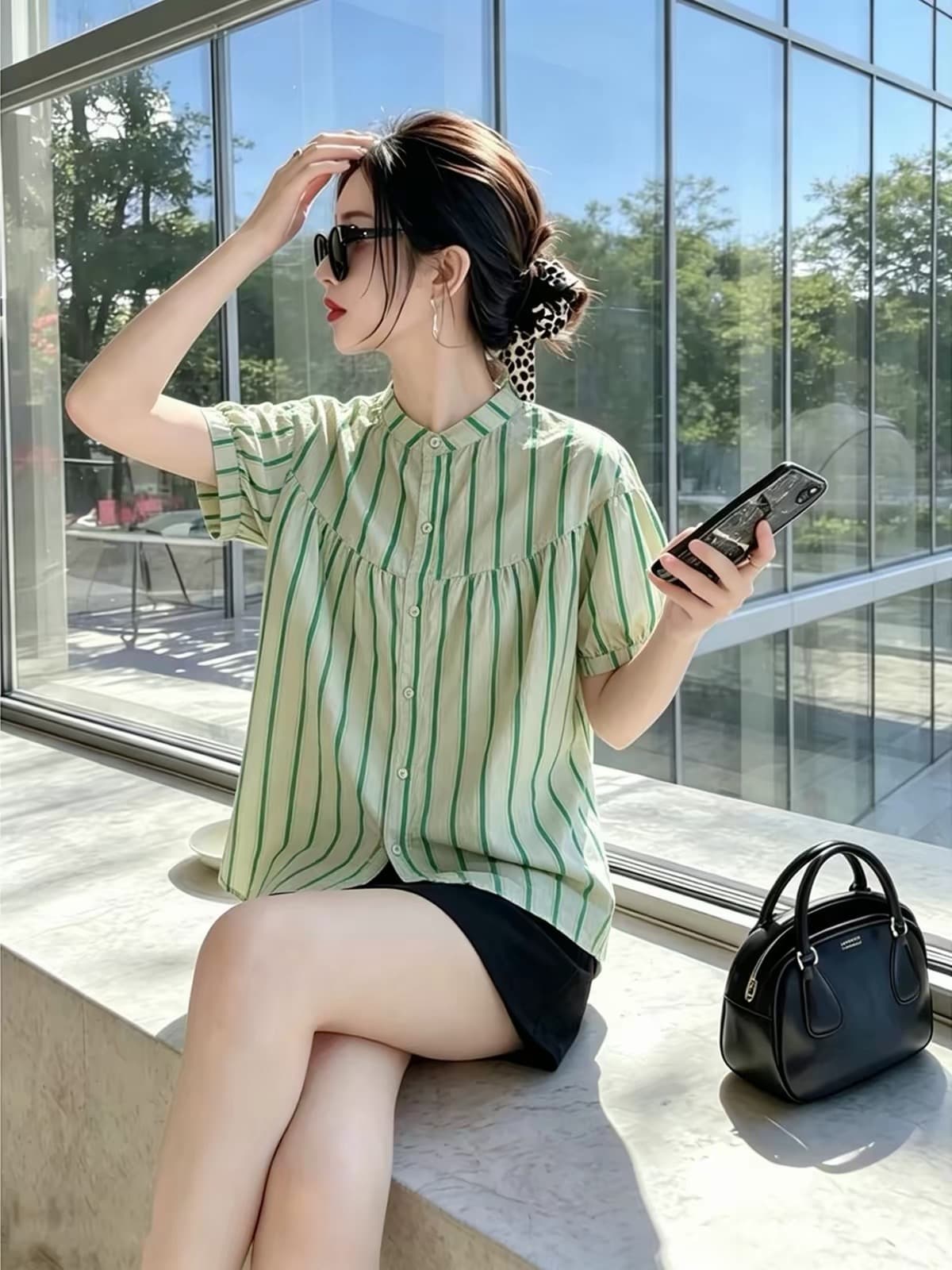 여름 드레스 새로운 스트라이프 셔츠 한국 스타일 출퇴근 스탠드 칼라 벌룬 소매 사탕 색상 반팔 인형 셔츠 상세 이미지 6