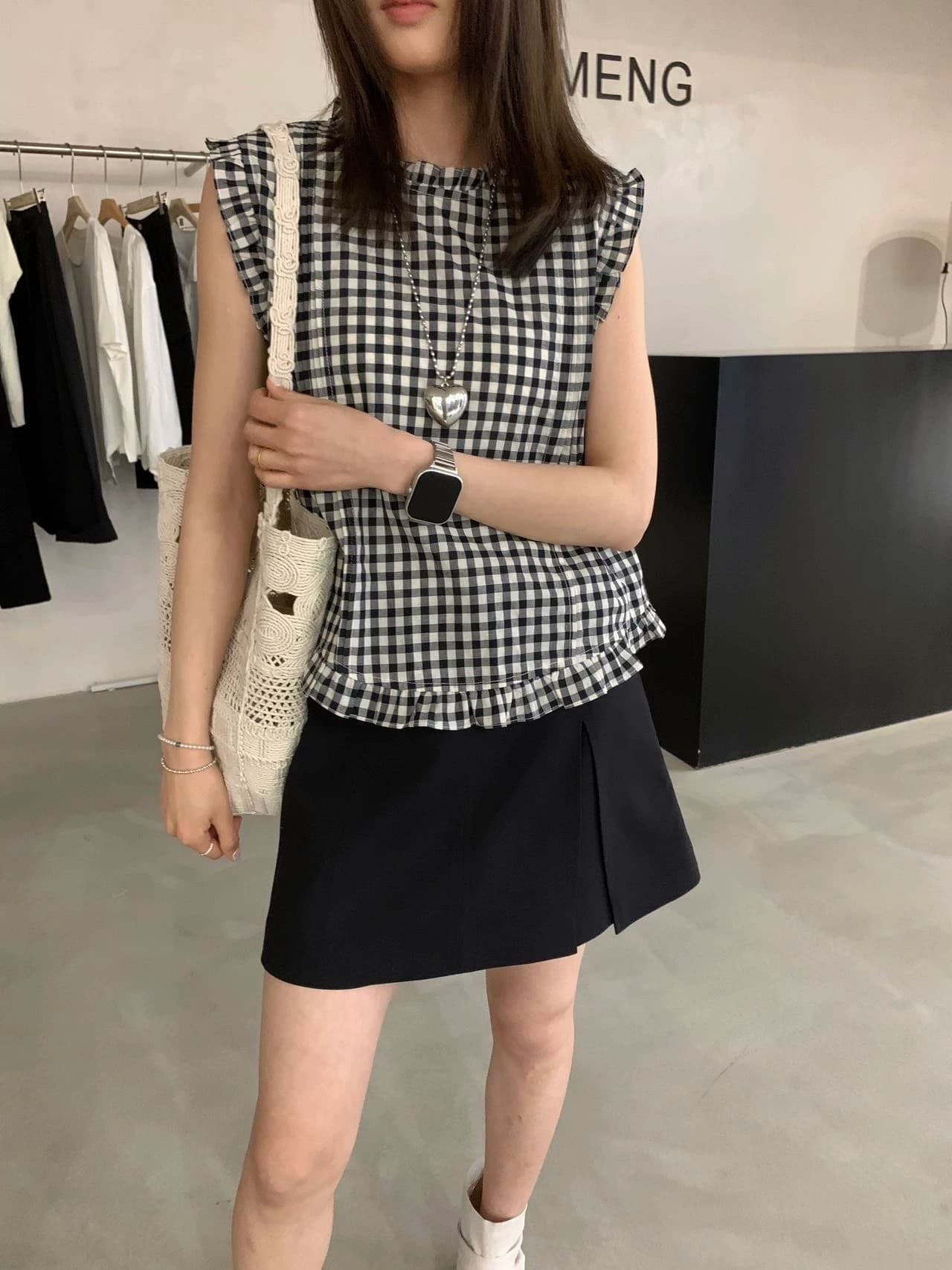 여름 드레스 새로운 연령 감소 한 부서 프릴 체크무늬 민소매 작은 셔츠 여성 얇은 외출용 베스트 조끼 맨위 상세 이미지 4