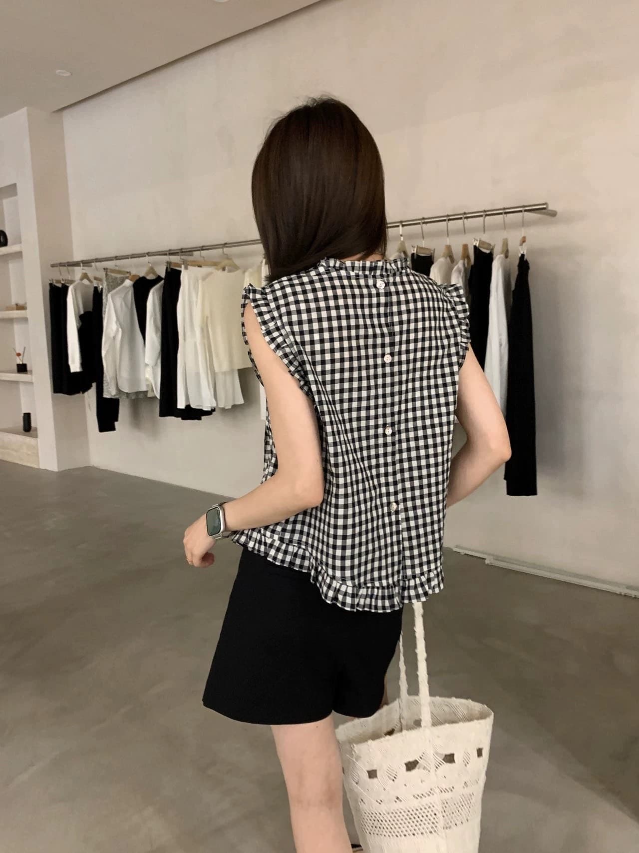 여름 드레스 새로운 연령 감소 한 부서 프릴 체크무늬 민소매 작은 셔츠 여성 얇은 외출용 베스트 조끼 맨위 상세 이미지 6