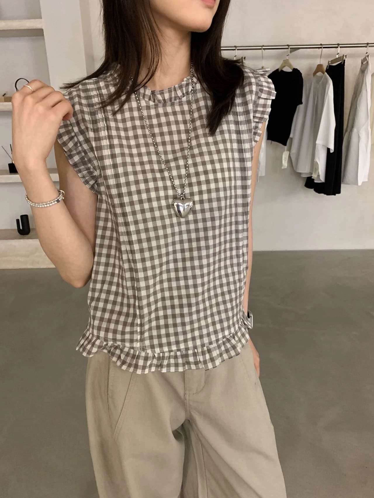 여름 드레스 새로운 연령 감소 한 부서 프릴 체크무늬 민소매 작은 셔츠 여성 얇은 외출용 베스트 조끼 맨위 상세 이미지 10