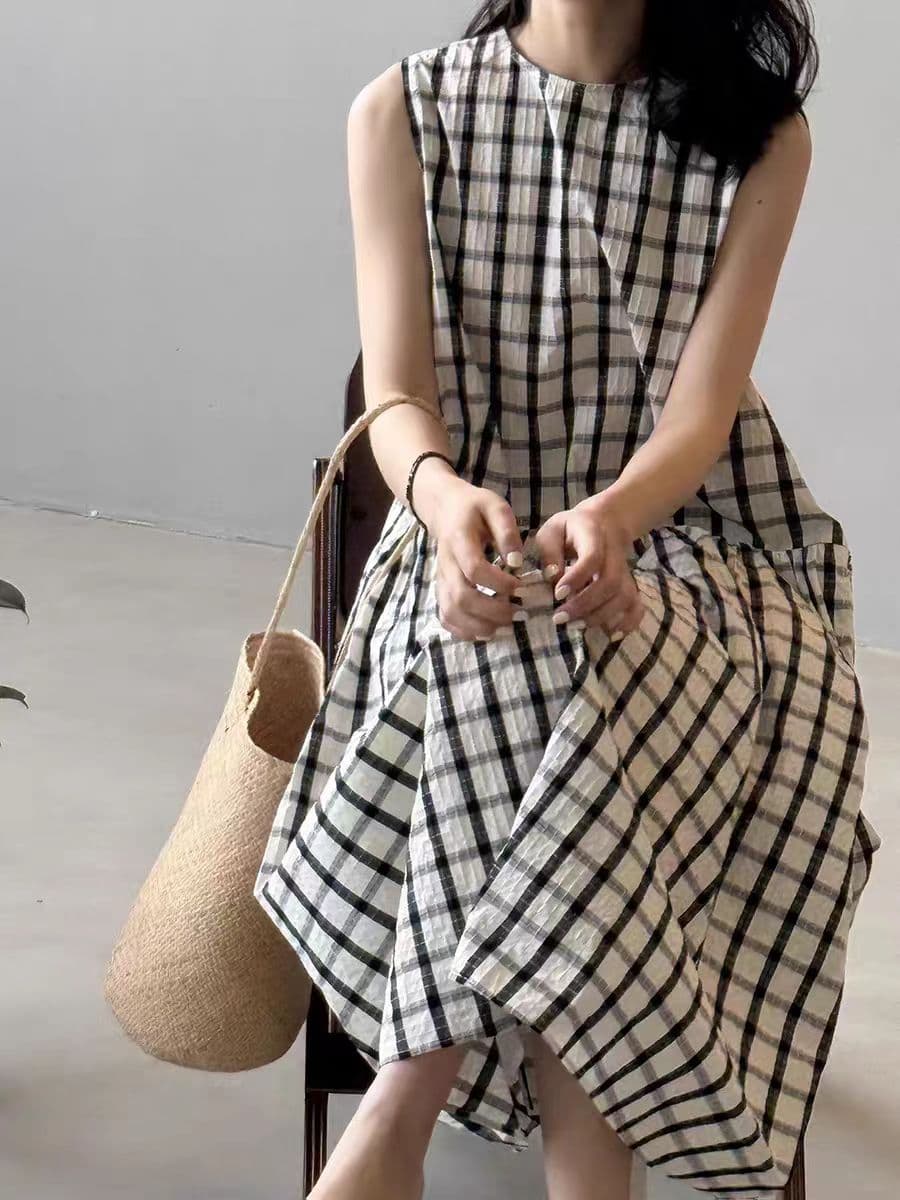 여름 드레스 새로운 한국 스타일 패션 다용도 라운드 넥 체크무늬 레트로 체크무늬 루즈핏 큰 진자 버전 드레스 상세 이미지 4